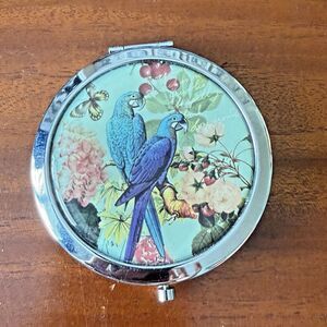 Vintage‎ Dual Compact Mirror Silvertone Parrot Tropical 3"